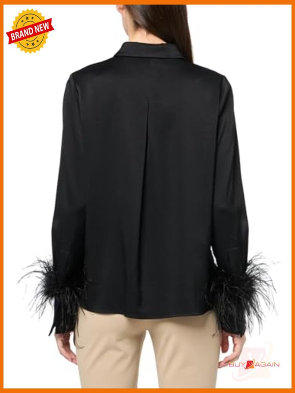 Long Sleeve Blouse with Feather Cuff, Relaxed Fit, Polyester Blend - Picture 2 of 4